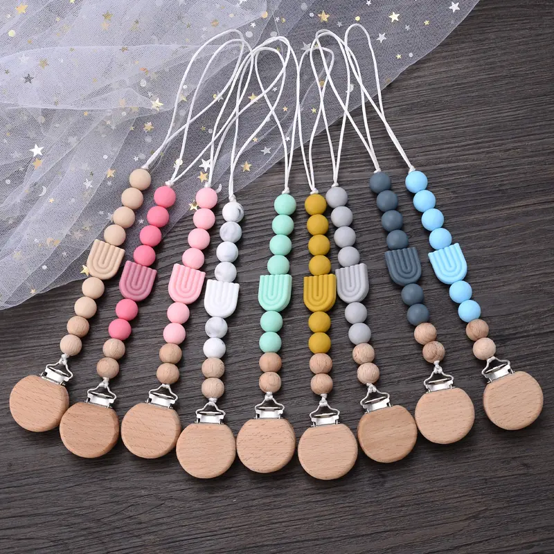 5Pcs New Baby Pacifier Clips Round Beech Clips Silicone Rainbow Beads for Dummy Nipple Holder Soother Chain Teether Toy