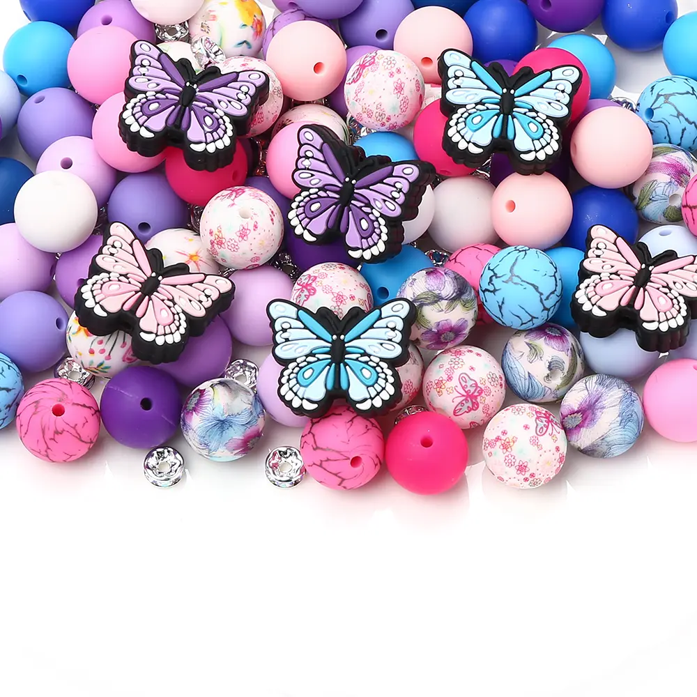 58Pcs New Silicone Butterfly Focal Beads 15mm Round Silicone Bead Sets For DIY Baby Pacifier Chain Teether Bracelet Accessories
