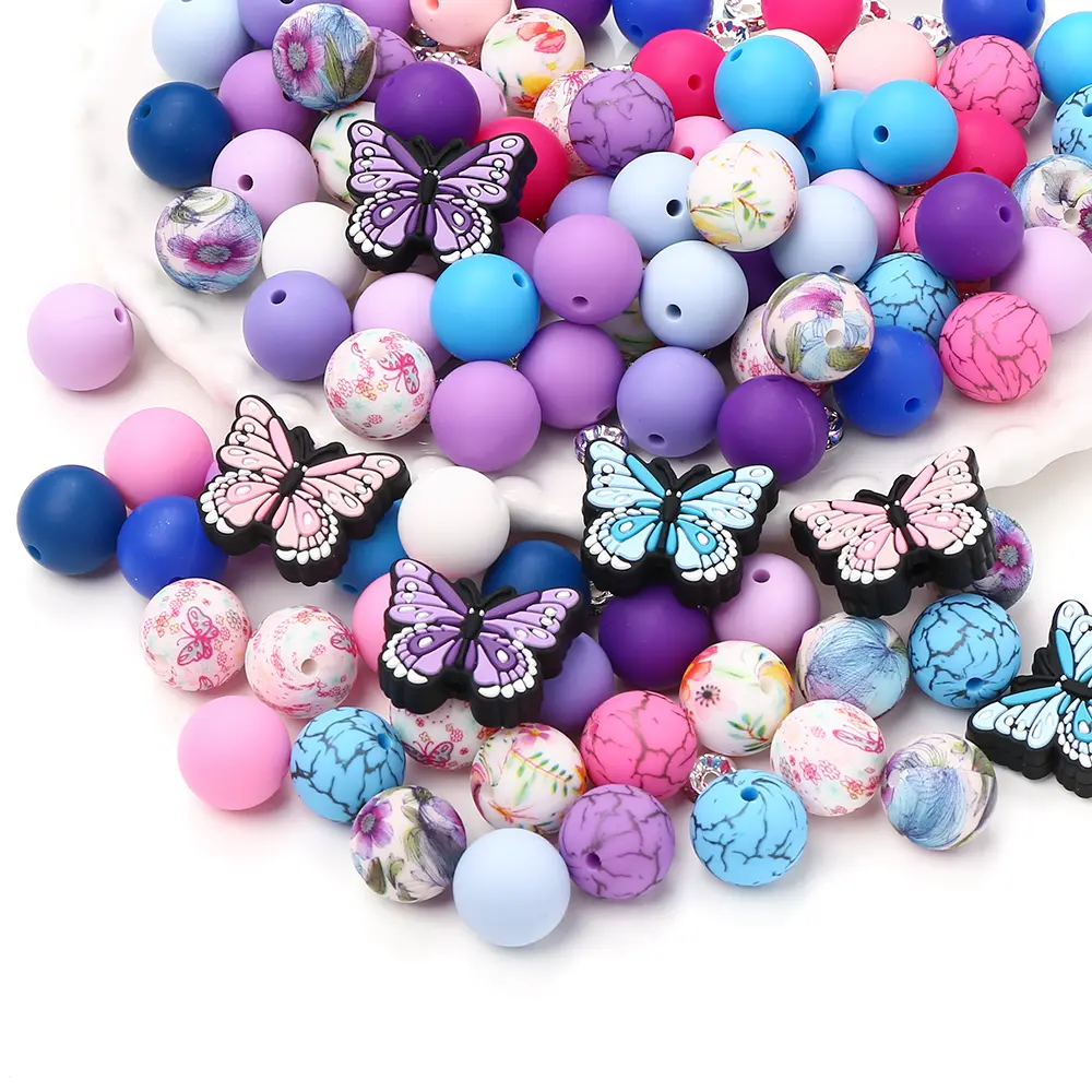 58Pcs New Silicone Butterfly Focal Beads 15mm Round Silicone Bead Sets For DIY Baby Pacifier Chain Teether Bracelet Accessories