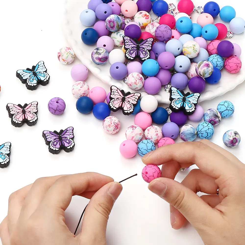 58Pcs New Silicone Butterfly Focal Beads 15mm Round Silicone Bead Sets For DIY Baby Pacifier Chain Teether Bracelet Accessories