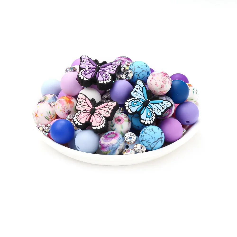 58Pcs New Silicone Butterfly Focal Beads 15mm Round Silicone Bead Sets For DIY Baby Pacifier Chain Teether Bracelet Accessories