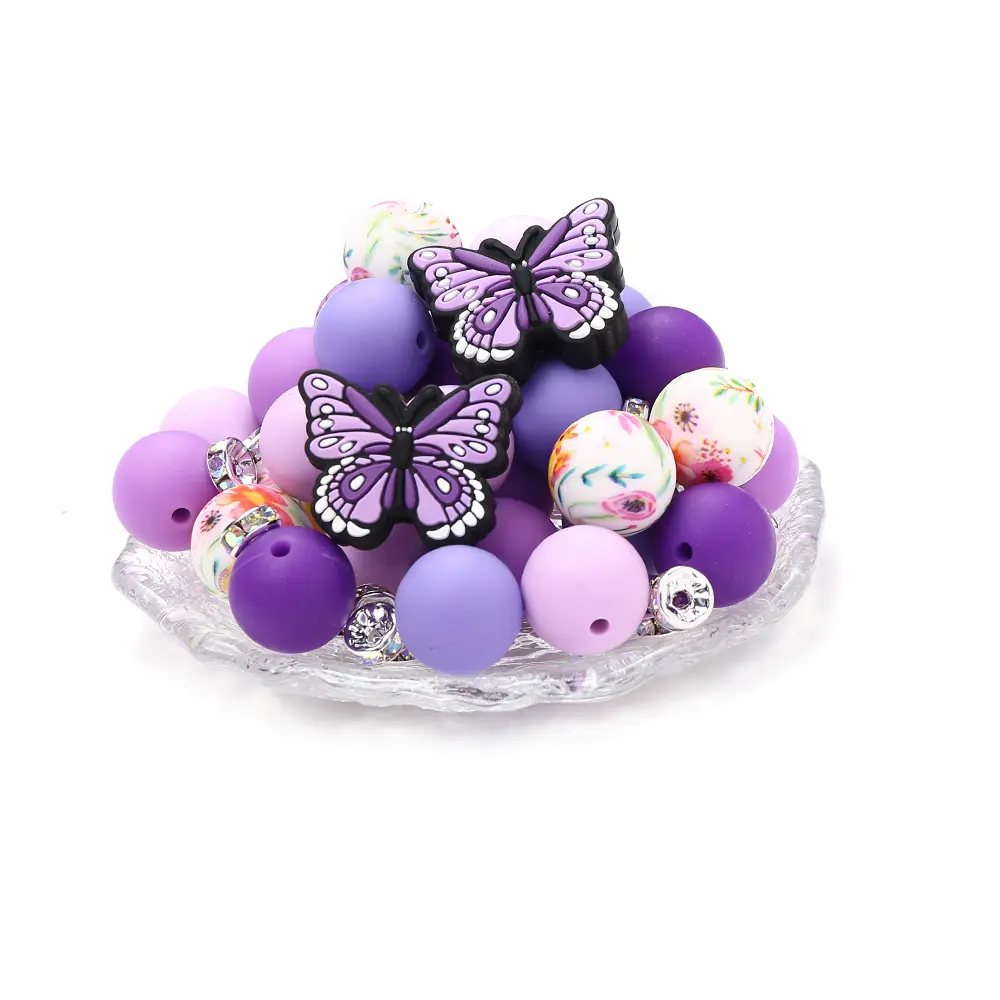 58Pcs New Silicone Butterfly Focal Beads 15mm Round Silicone Bead Sets For DIY Baby Pacifier Chain Teether Bracelet Accessories