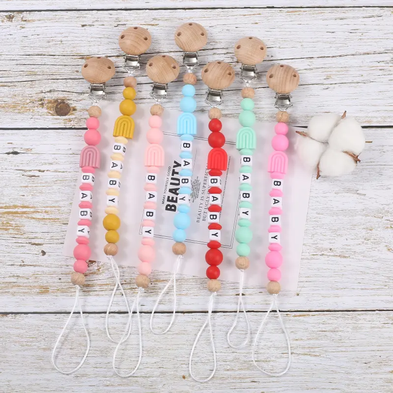 Personalize Name Baby Pacifier Chain Wooden Dummy Holder Clips Handmade Silicone Beaded Baby Soothing Chain Care Toy Gift Custom