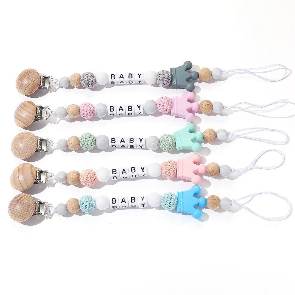New Crown Silicone Beads Wooden clip Baby Teether Silicone Teething Bead For Baby Chew Toy Necklace DIY Pacifier Clips Accessory