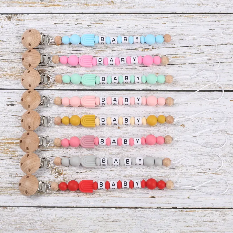 Personalize Name Baby Pacifier Chain Wooden Dummy Holder Clips Handmade Silicone Beaded Baby Soothing Chain Care Toy Gift Custom