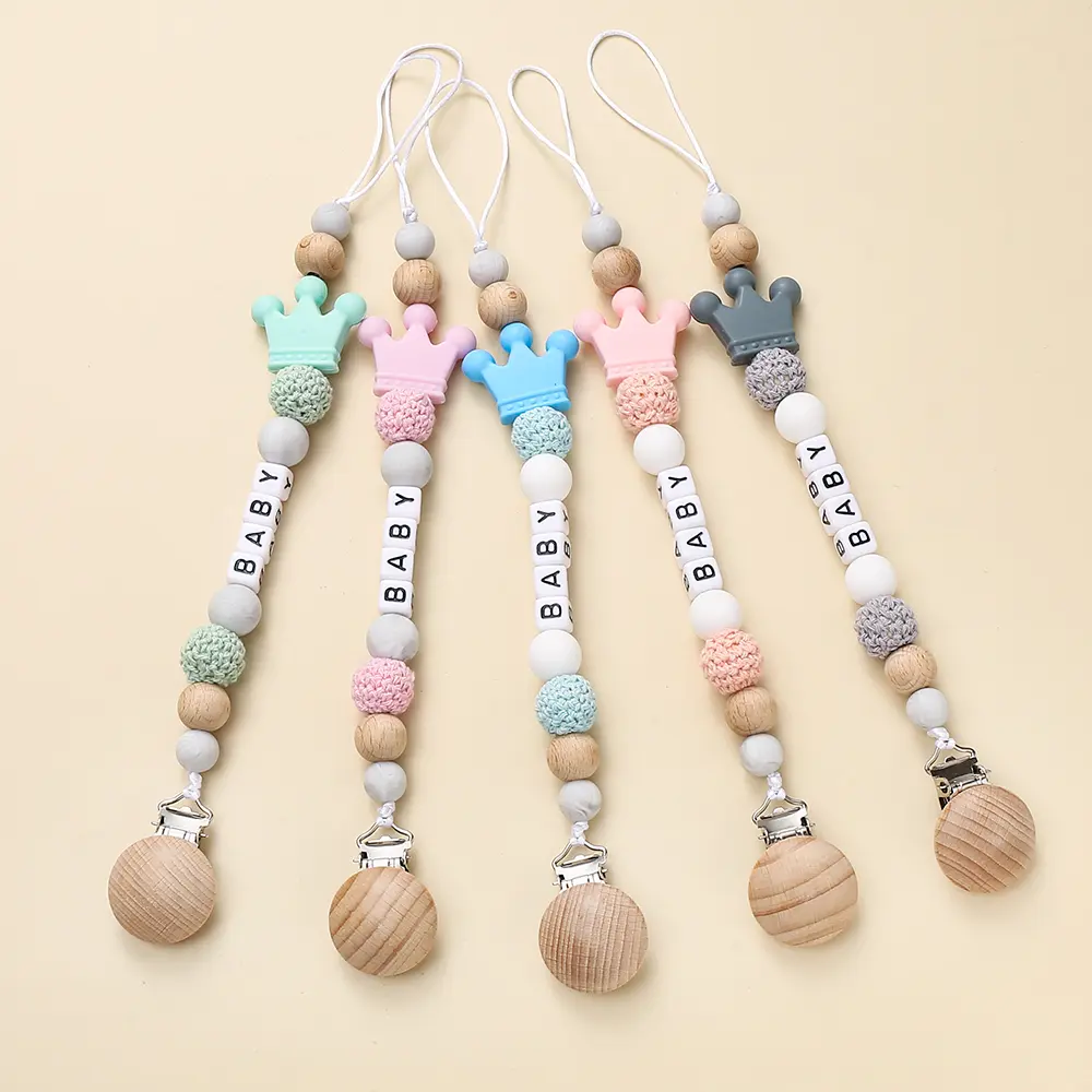New Crown Silicone Beads Wooden clip Baby Teether Silicone Teething Bead For Baby Chew Toy Necklace DIY Pacifier Clips Accessory