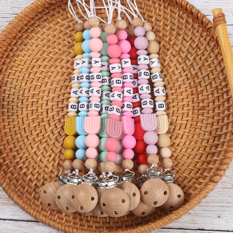 Personalize Name Baby Pacifier Chain Wooden Dummy Holder Clips Handmade Silicone Beaded Baby Soothing Chain Care Toy Gift Custom