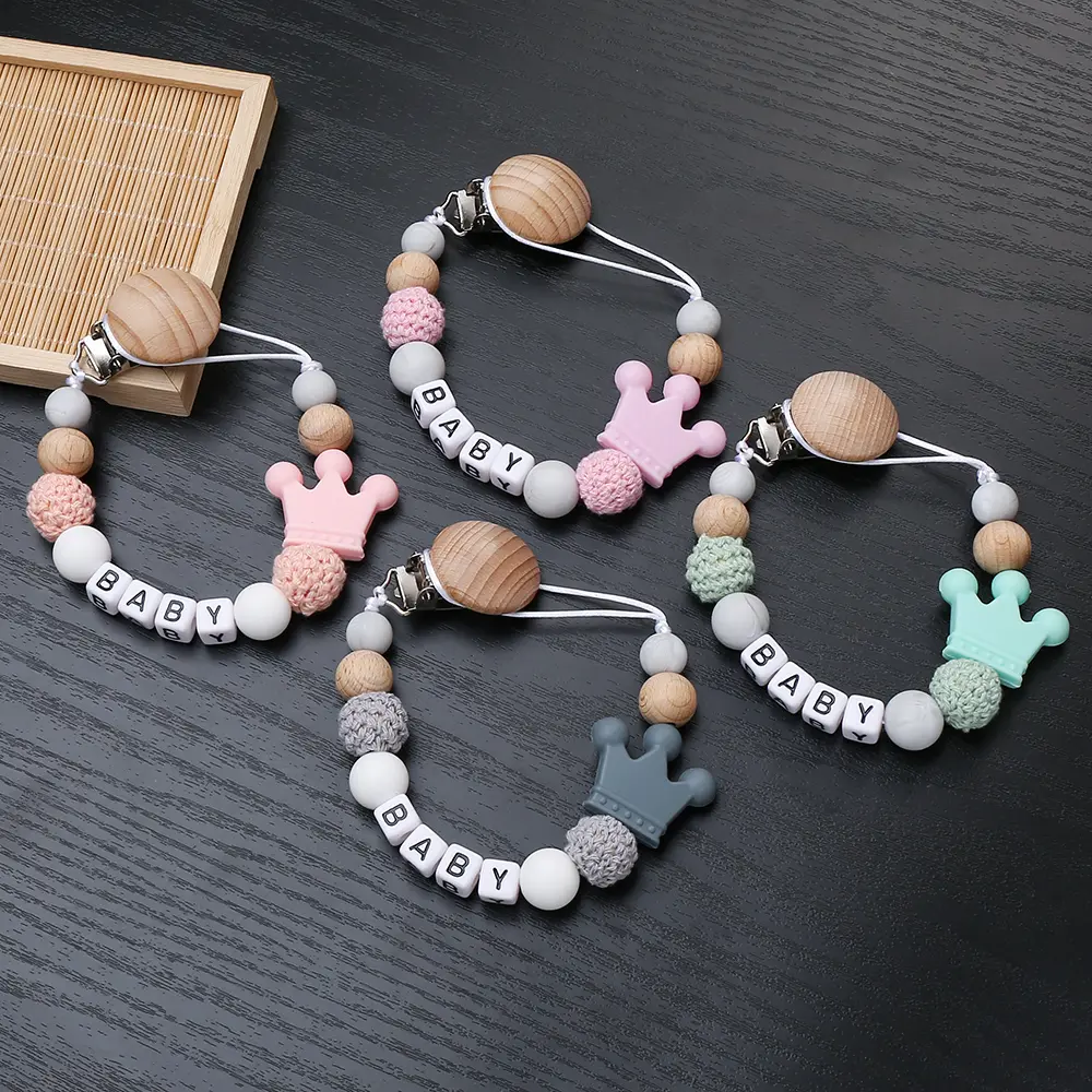 New Crown Silicone Beads Wooden clip Baby Teether Silicone Teething Bead For Baby Chew Toy Necklace DIY Pacifier Clips Accessory