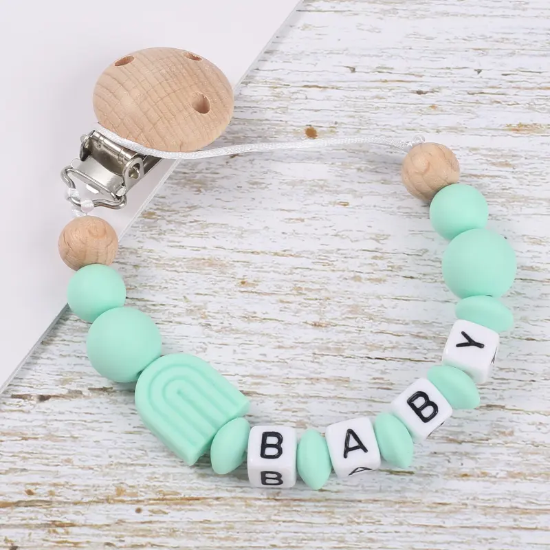 Personalize Name Baby Pacifier Chain Wooden Dummy Holder Clips Handmade Silicone Beaded Baby Soothing Chain Care Toy Gift Custom