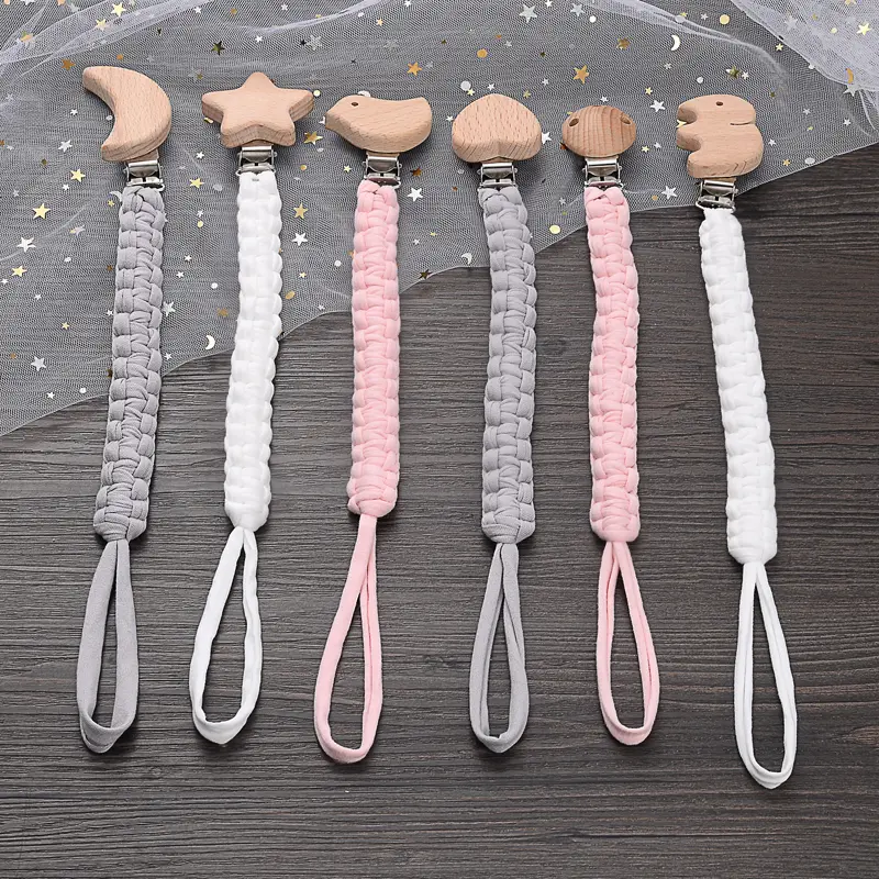 3Pcs/Lot 30mm Wooden Clamps Handmade Baby Nipple Soother Chain Teething Toy Simple Crochet Cotton Cloth Baby Pacifier Chain
