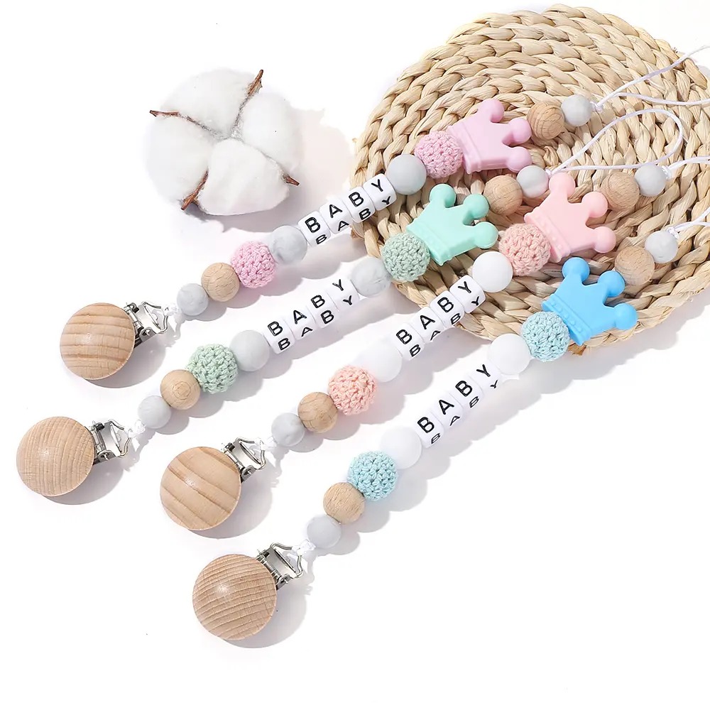 New Crown Silicone Beads Wooden clip Baby Teether Silicone Teething Bead For Baby Chew Toy Necklace DIY Pacifier Clips Accessory