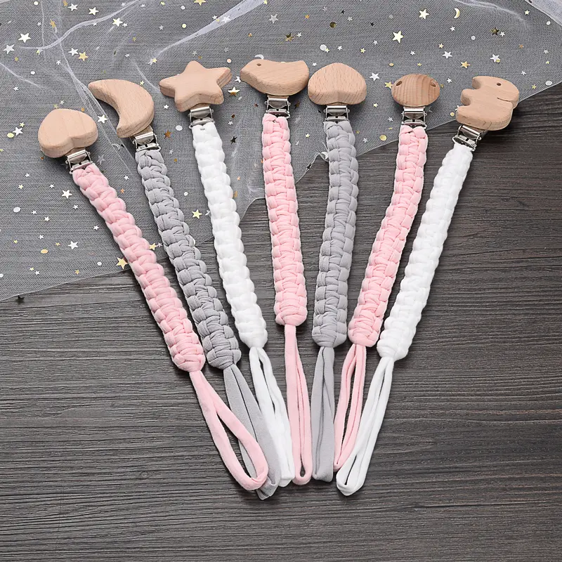 3Pcs/Lot 30mm Wooden Clamps Handmade Baby Nipple Soother Chain Teething Toy Simple Crochet Cotton Cloth Baby Pacifier Chain