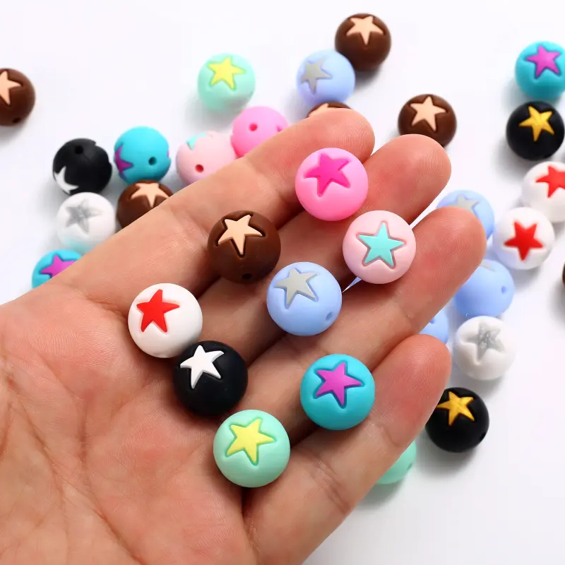10Pc 15mm Round Pentagram Silicone Teether Beads Colorful Jewelry Beads For Care Molar Baby Pacifier Chain DIY Necklace Bracelet