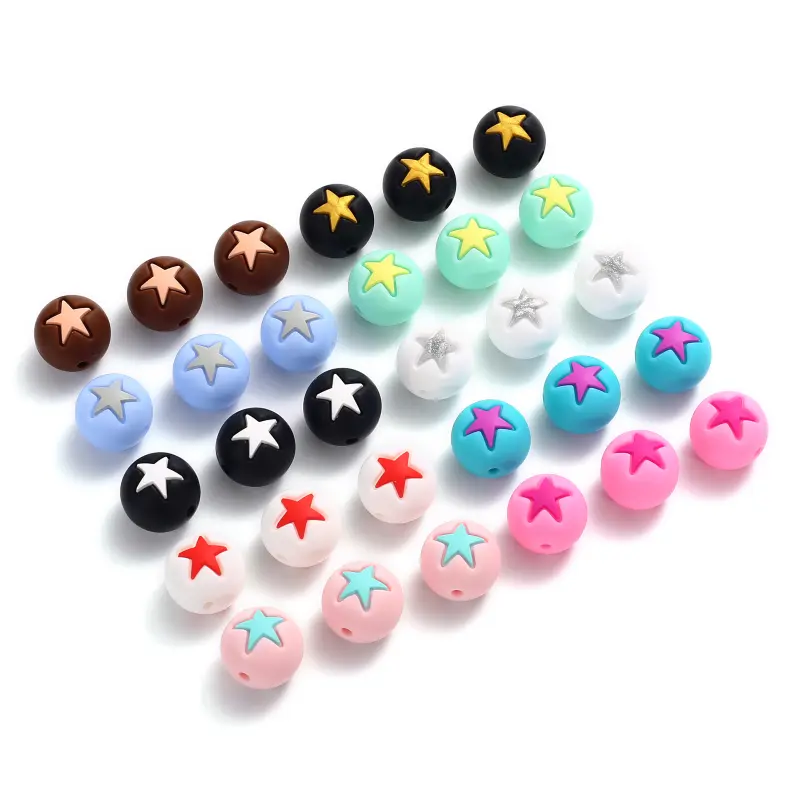 10Pc 15mm Round Pentagram Silicone Teether Beads Colorful Jewelry Beads For Care Molar Baby Pacifier Chain DIY Necklace Bracelet