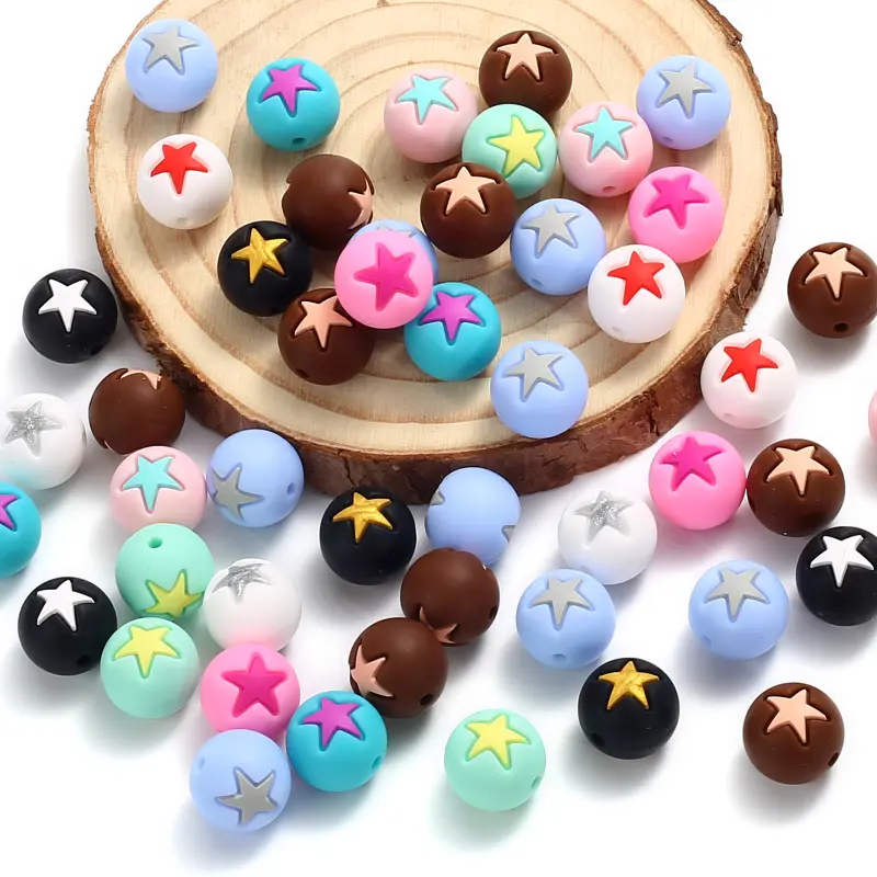 10Pc 15mm Round Pentagram Silicone Teether Beads Colorful Jewelry Beads For Care Molar Baby Pacifier Chain DIY Necklace Bracelet