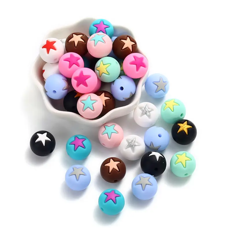10Pc 15mm Round Pentagram Silicone Teether Beads Colorful Jewelry Beads For Care Molar Baby Pacifier Chain DIY Necklace Bracelet