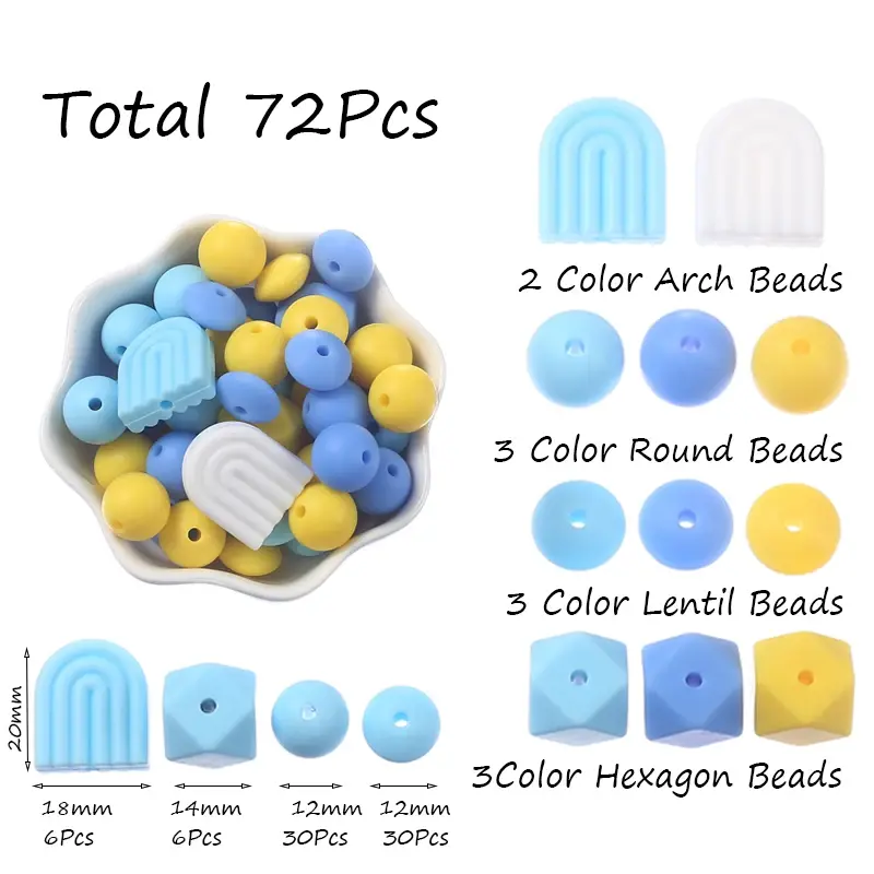 72Pcs Various Shapes Silicone Bead Set Rainbow Beads Lentil Bead Food Grade Baby Nursing Necklace Pacifier Chain Teether Toys