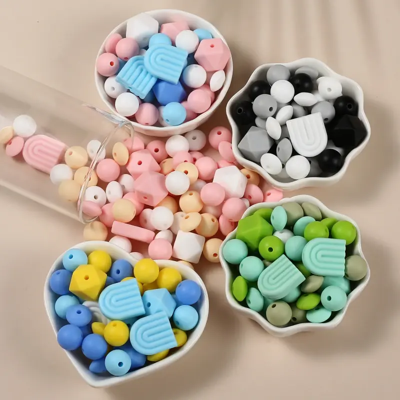 72Pcs Various Shapes Silicone Bead Set Rainbow Beads Lentil Bead Food Grade Baby Nursing Necklace Pacifier Chain Teether Toys