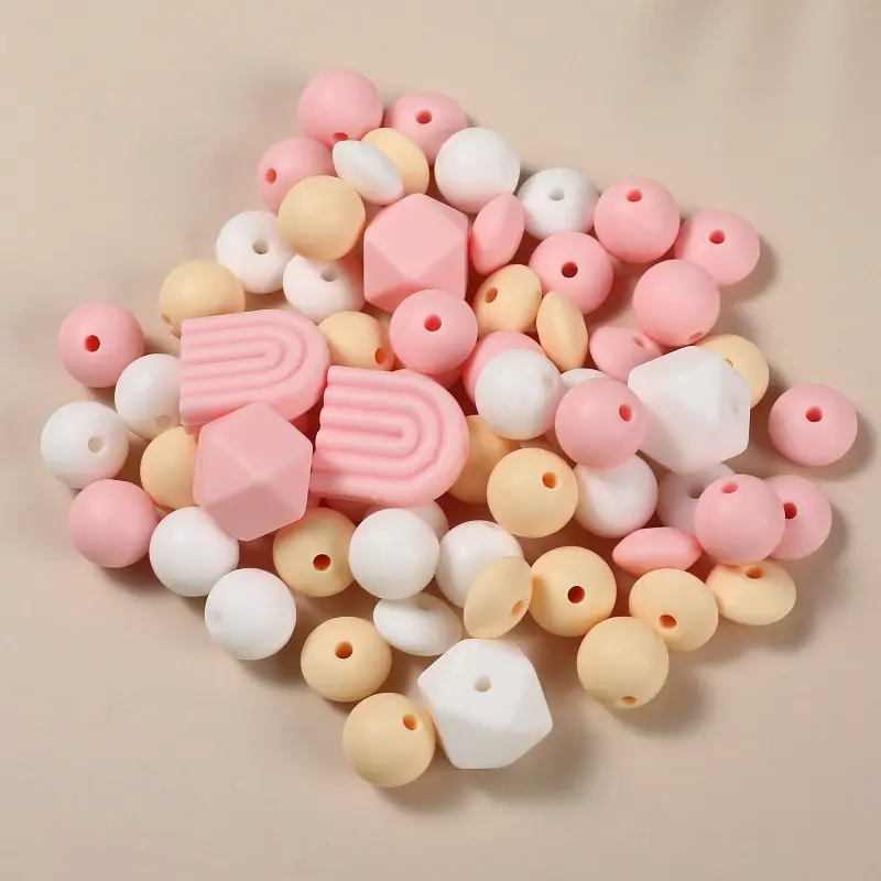 72Pcs Various Shapes Silicone Bead Set Rainbow Beads Lentil Bead Food Grade Baby Nursing Necklace Pacifier Chain Teether Toys