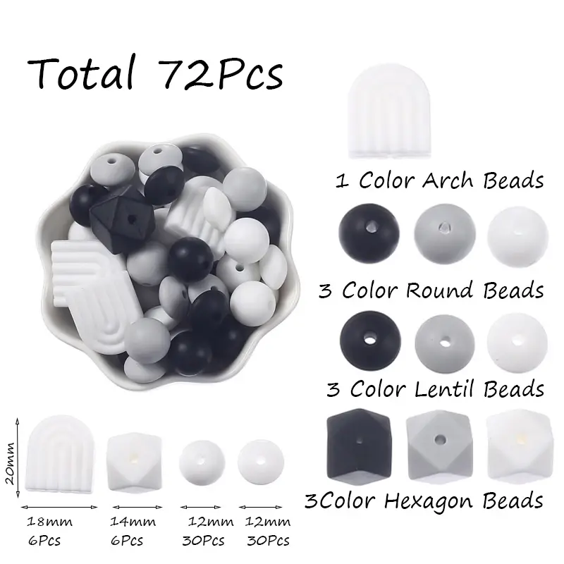 72Pcs Various Shapes Silicone Bead Set Rainbow Beads Lentil Bead Food Grade Baby Nursing Necklace Pacifier Chain Teether Toys