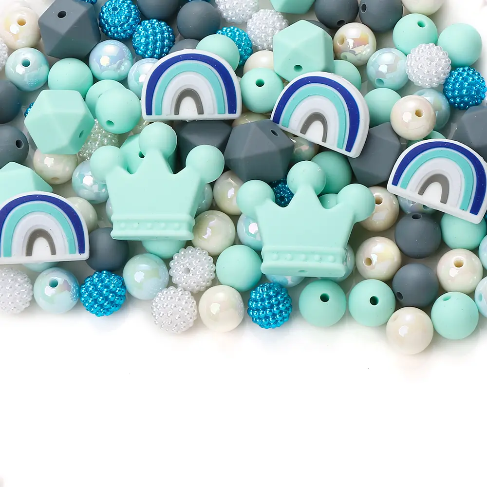 70Pcs Silicone Round Bead Octagonal Rainbow Bead Set Multi-Shape Focal Beads Pacifier Chain Teether Necklace Jewelry Making
