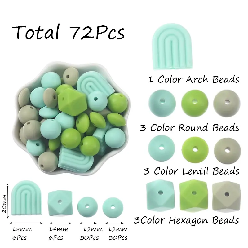 72Pcs Various Shapes Silicone Bead Set Rainbow Beads Lentil Bead Food Grade Baby Nursing Necklace Pacifier Chain Teether Toys