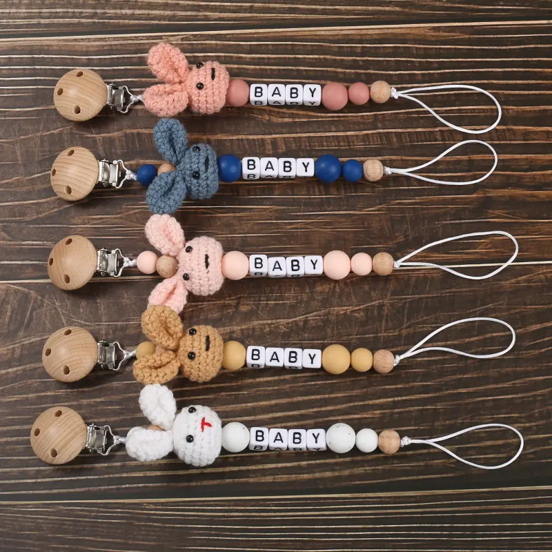 Wooden Baby Pacifier Clip Wood Crochet Rabbit Teething Nipple Chain For Handmade Personalized Name Baby Dummy Soother Chain