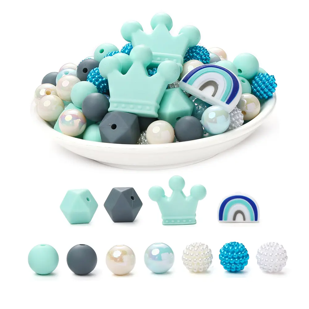 70Pcs Silicone Round Bead Octagonal Rainbow Bead Set Multi-Shape Focal Beads Pacifier Chain Teether Necklace Jewelry Making