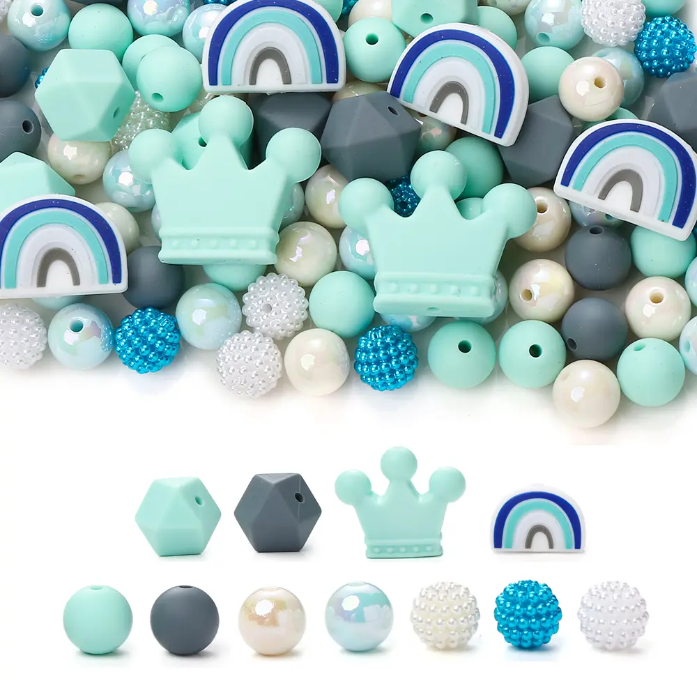 70Pcs Silicone Round Bead Octagonal Rainbow Bead Set Multi-Shape Focal Beads Pacifier Chain Teether Necklace Jewelry Making