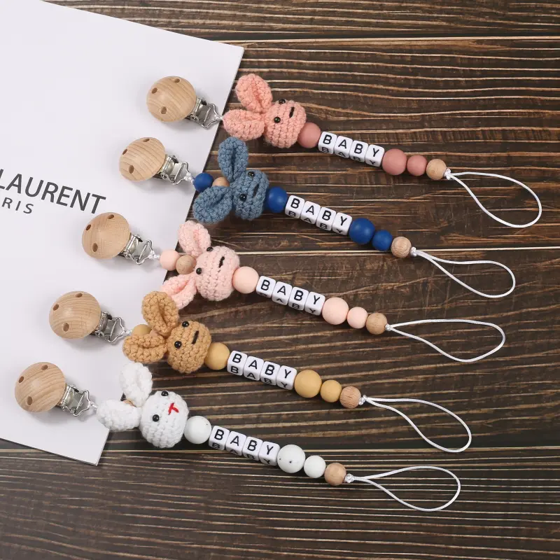 Wooden Baby Pacifier Clip Wood Crochet Rabbit Teething Nipple Chain For Handmade Personalized Name Baby Dummy Soother Chain