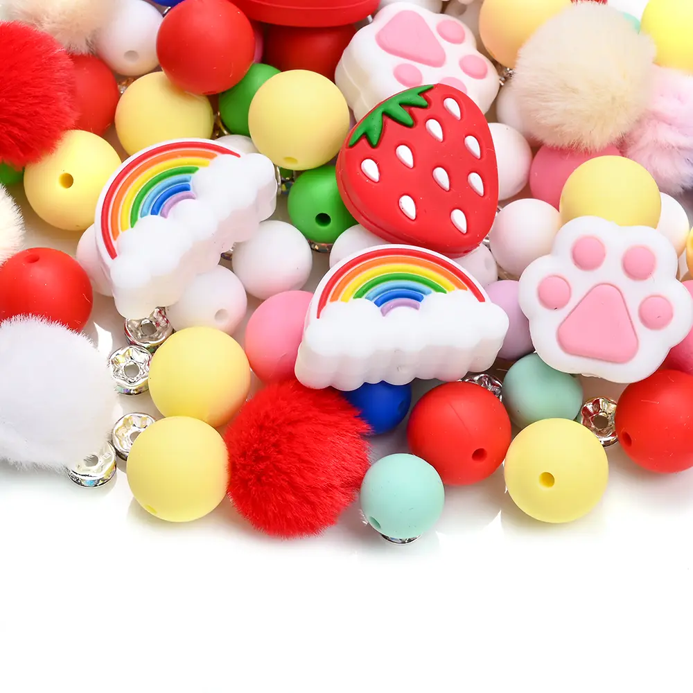 32/67Pcs Baby Teether Flower Strawberry Silicone Beads Set Food Grade for Newborn Diy Nursing Chew Mix Round Teether Beads Toy