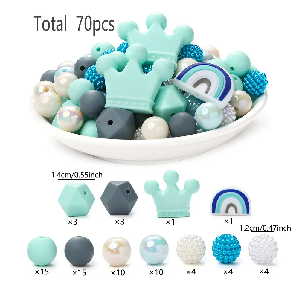 70Pcs Silicone Round Bead Octagonal Rainbow Bead Set Multi-Shape Focal Beads Pacifier Chain Teether Necklace Jewelry Making