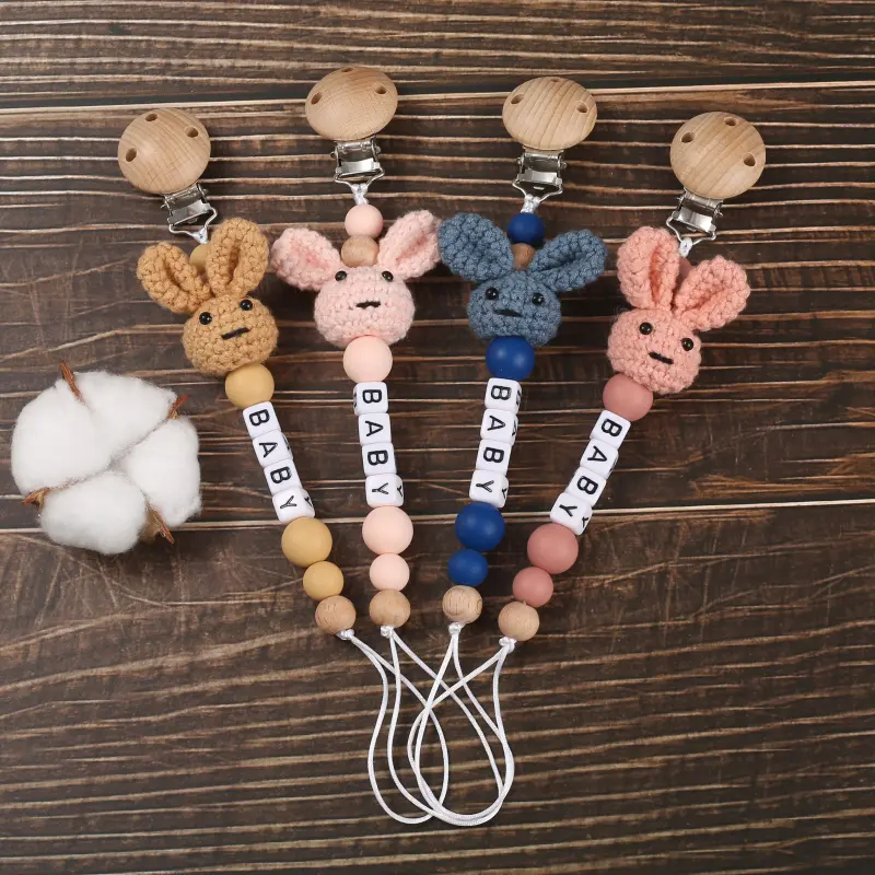 Wooden Baby Pacifier Clip Wood Crochet Rabbit Teething Nipple Chain For Handmade Personalized Name Baby Dummy Soother Chain