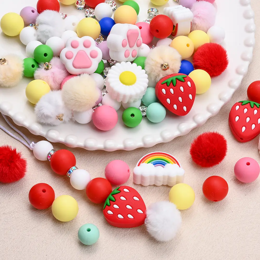 32/67Pcs Baby Teether Flower Strawberry Silicone Beads Set Food Grade for Newborn Diy Nursing Chew Mix Round Teether Beads Toy