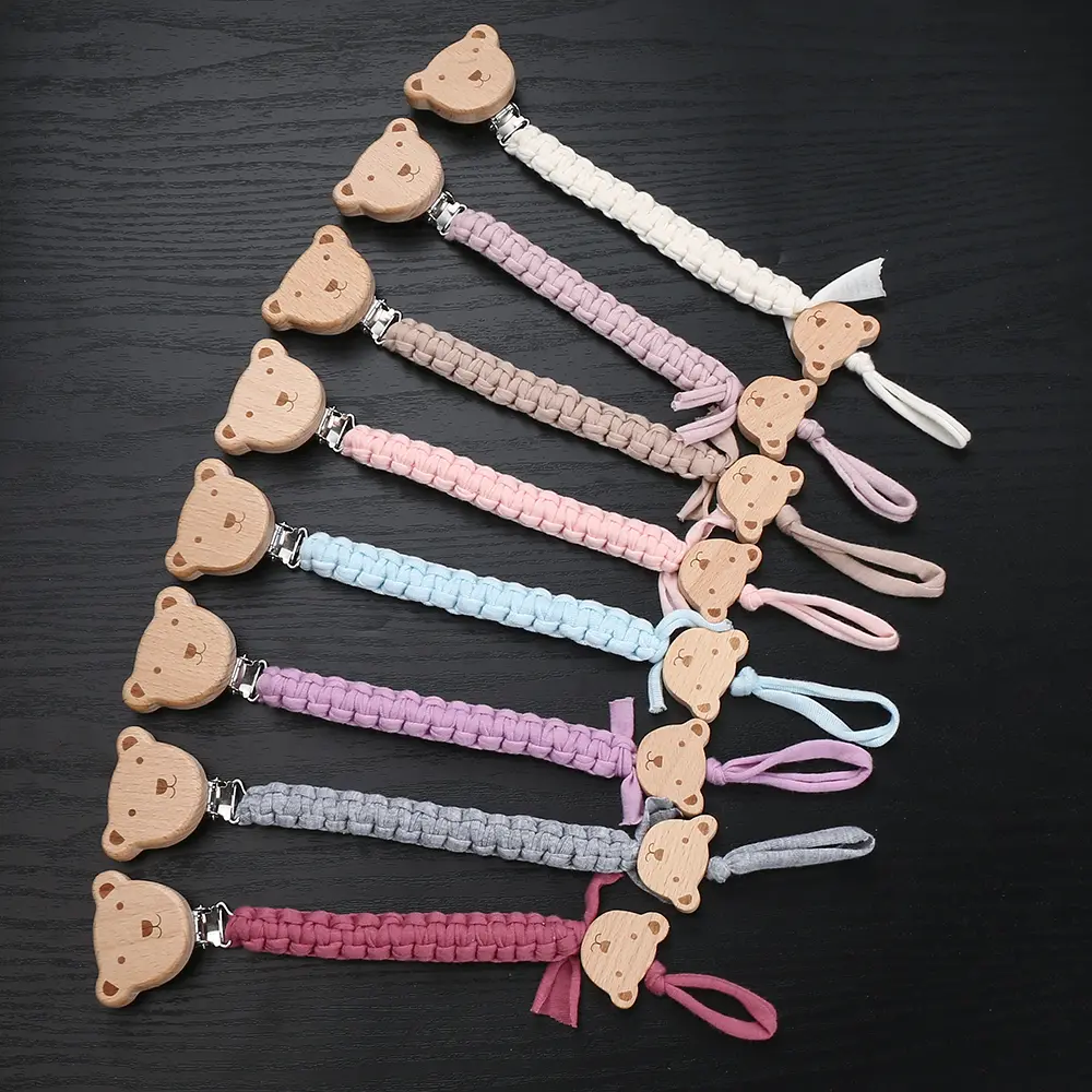 Baby Pacifier Chain Clip Wooden Animal Soother Nipple Clips For Crochet Cotton Rope Dummy Holder Chain Nursing Toys Shower Gift