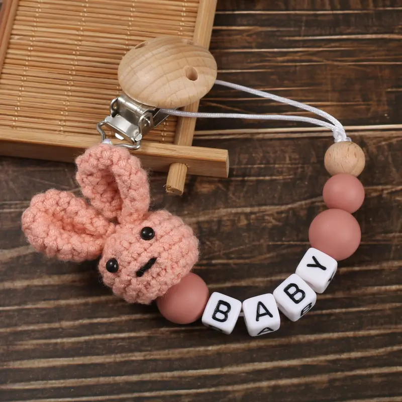 Wooden Baby Pacifier Clip Wood Crochet Rabbit Teething Nipple Chain For Handmade Personalized Name Baby Dummy Soother Chain