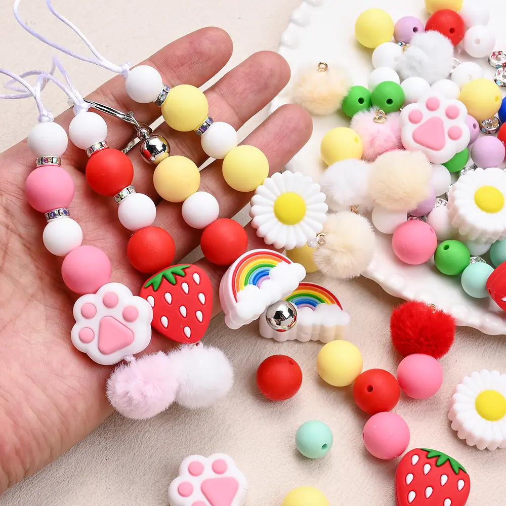 32/67Pcs Baby Teether Flower Strawberry Silicone Beads Set Food Grade for Newborn Diy Nursing Chew Mix Round Teether Beads Toy