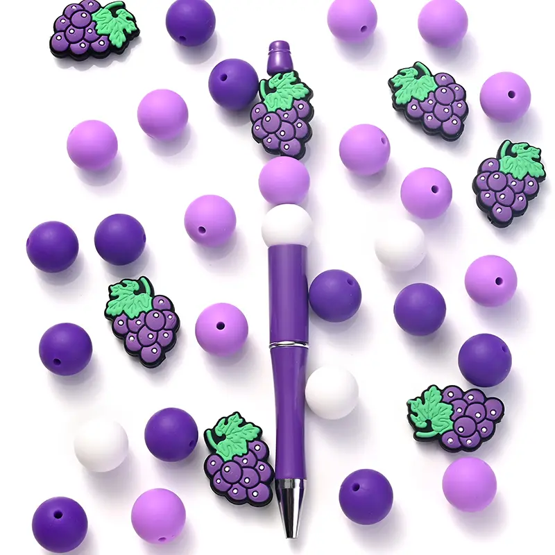 32Pcs Round Silicone Beads Grape Style Teether Toys Food Grade DIY Newborn Pacifier Chain Baby Nursing Chewable Teething Beads