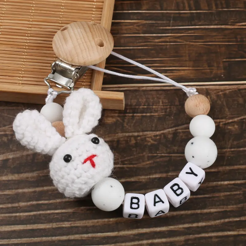 Wooden Baby Pacifier Clip Wood Crochet Rabbit Teething Nipple Chain For Handmade Personalized Name Baby Dummy Soother Chain