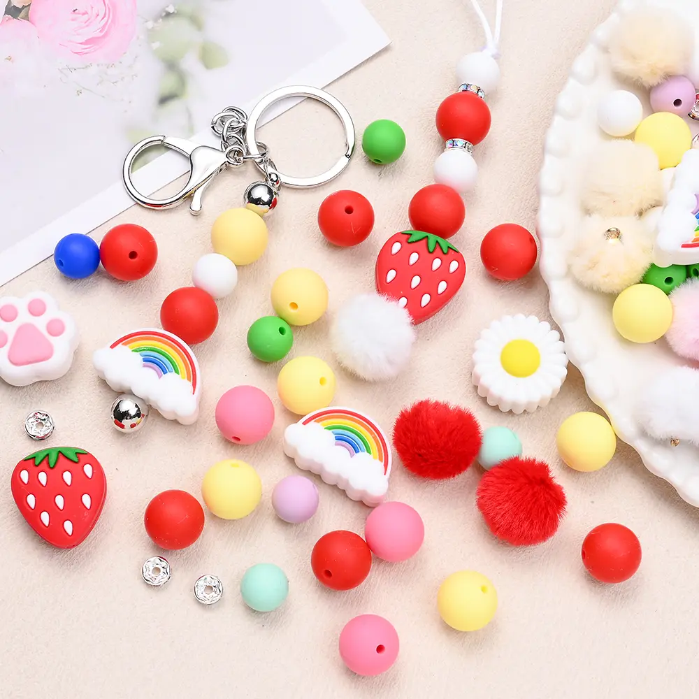 32/67Pcs Baby Teether Flower Strawberry Silicone Beads Set Food Grade for Newborn Diy Nursing Chew Mix Round Teether Beads Toy