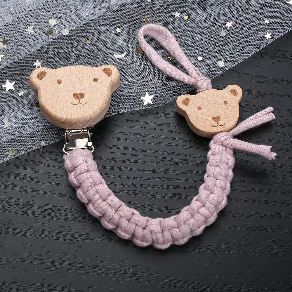 Baby Pacifier Chain Clip Wooden Animal Soother Nipple Clips For Crochet Cotton Rope Dummy Holder Chain Nursing Toys Shower Gift