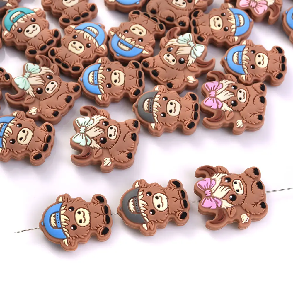 10Pcs 28x30mm Creative With Hair Hat Bull, Cow Silicone Beads For Teether Nursing Bracelets Rodent Pacifier Clip Chain BPA Free