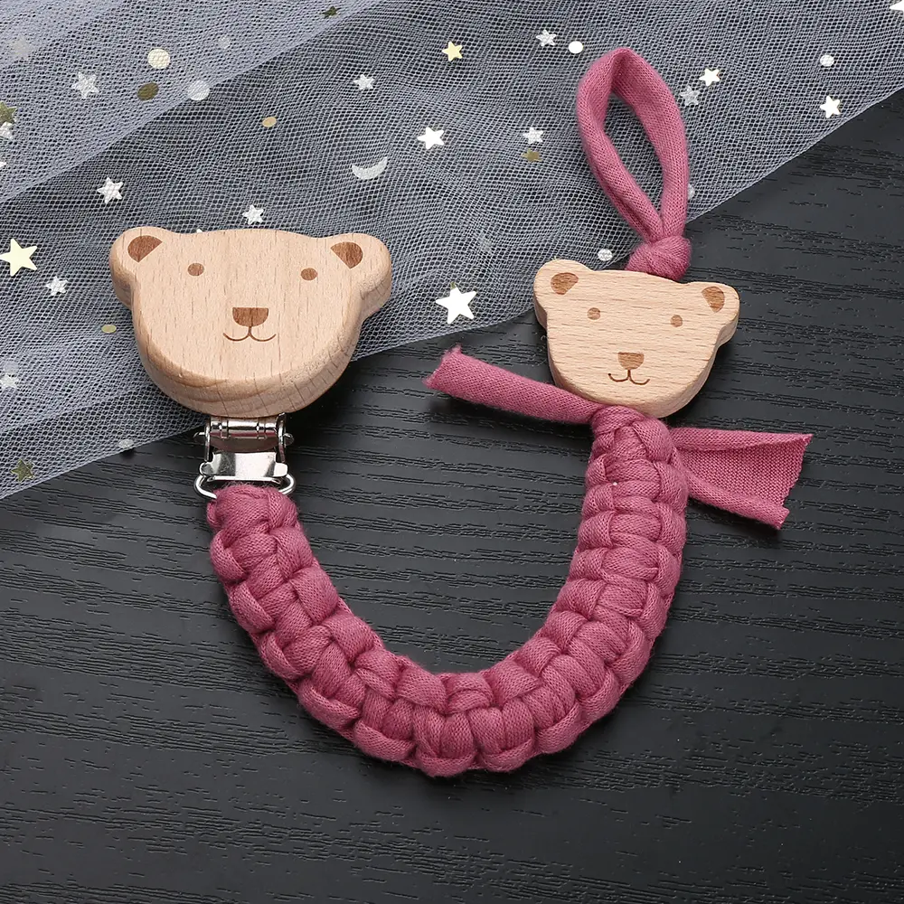 Baby Pacifier Chain Clip Wooden Animal Soother Nipple Clips For Crochet Cotton Rope Dummy Holder Chain Nursing Toys Shower Gift