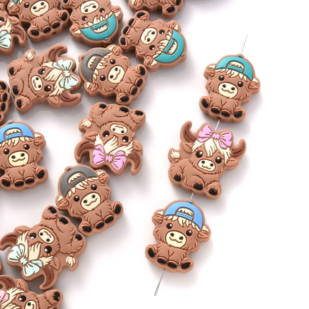 10Pcs 28x30mm Creative With Hair Hat Bull, Cow Silicone Beads For Teether Nursing Bracelets Rodent Pacifier Clip Chain BPA Free