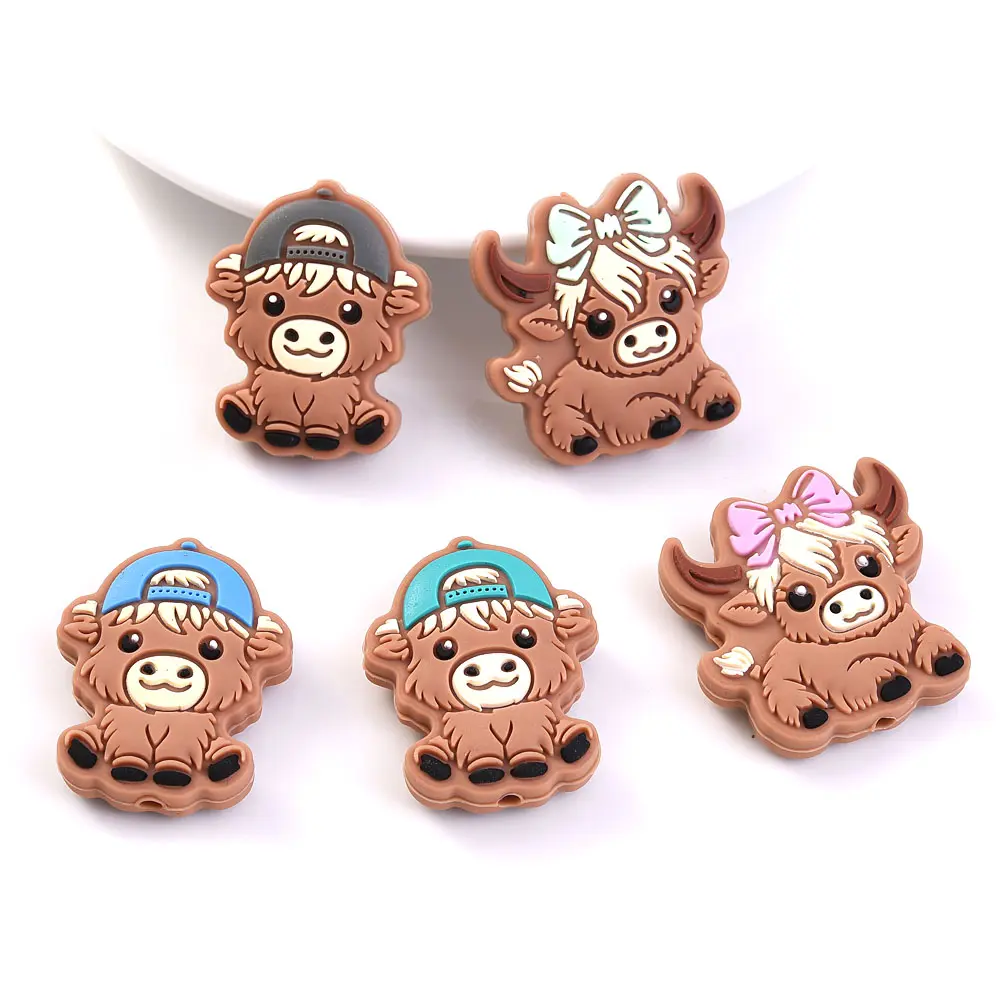 10Pcs 28x30mm Creative With Hair Hat Bull, Cow Silicone Beads For Teether Nursing Bracelets Rodent Pacifier Clip Chain BPA Free
