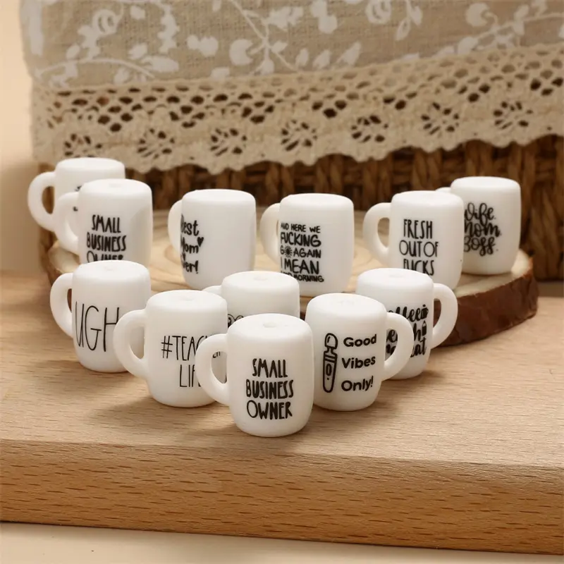 10Pcs White Print Letter Silicone Beads 20x22mm Cup Shape Silicone Teether Beads For DIY Care Teething Pacifier Chain Necklace