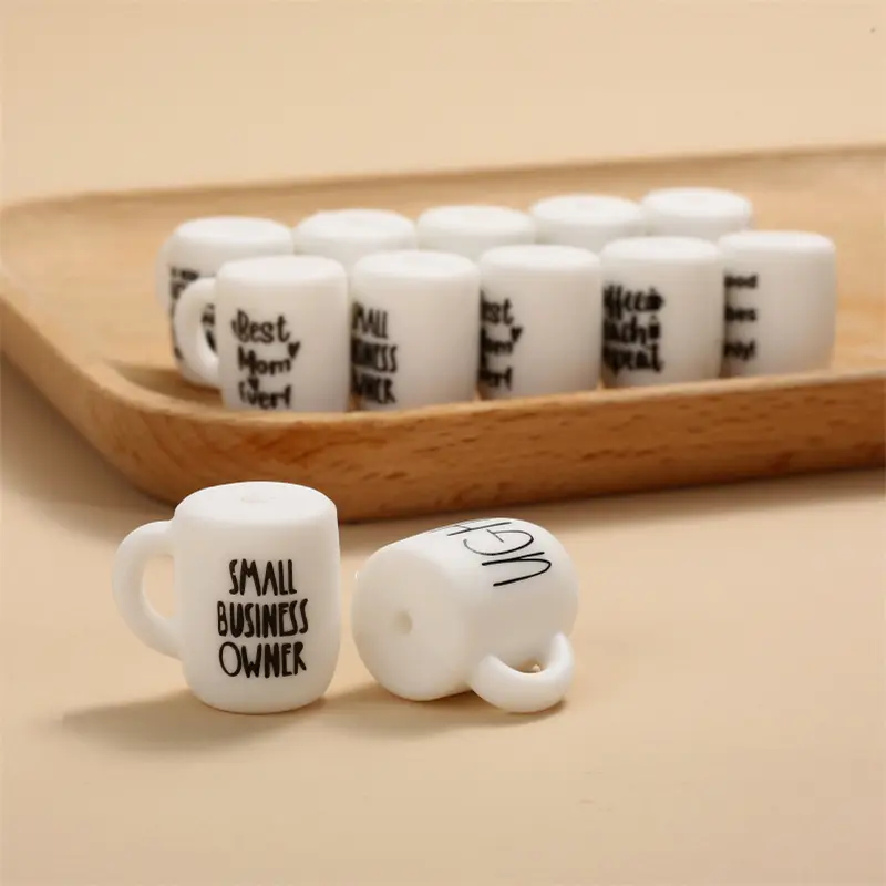 10Pcs White Print Letter Silicone Beads 20x22mm Cup Shape Silicone Teether Beads For DIY Care Teething Pacifier Chain Necklace