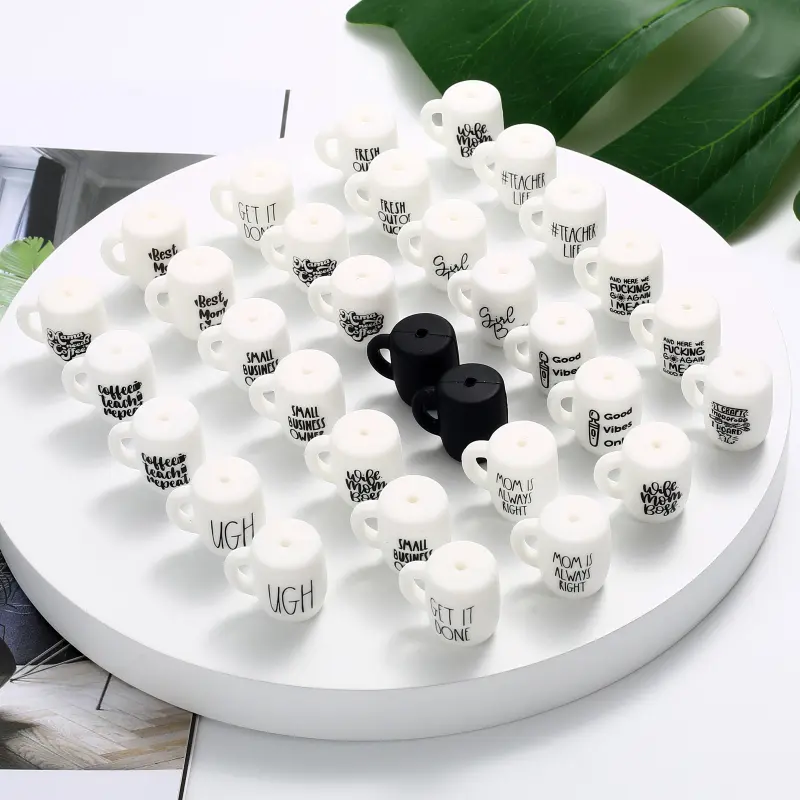 10Pcs White Print Letter Silicone Beads 20x22mm Cup Shape Silicone Teether Beads For DIY Care Teething Pacifier Chain Necklace