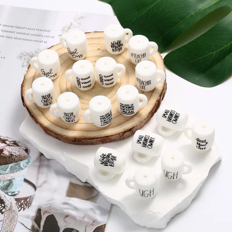 10Pcs White Print Letter Silicone Beads 20x22mm Cup Shape Silicone Teether Beads For DIY Care Teething Pacifier Chain Necklace