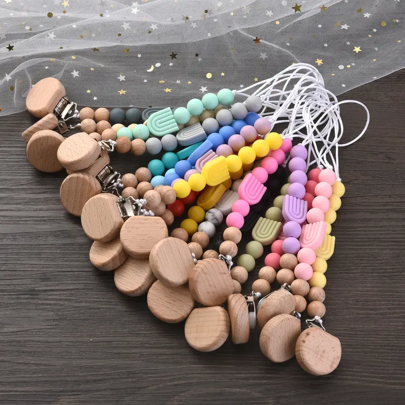 1Pcs Baby Rainbow Silicone Beaded Pacifier Chain Beech Wood Dummy Holder Clip For Baby Teether Soother Nipple Chain Care Toys